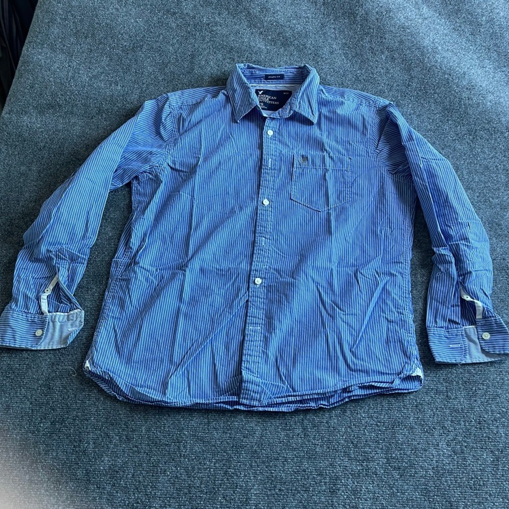 American Eagle Athletic Fit Blue White Striped Button Down Shirt Mens Large No77